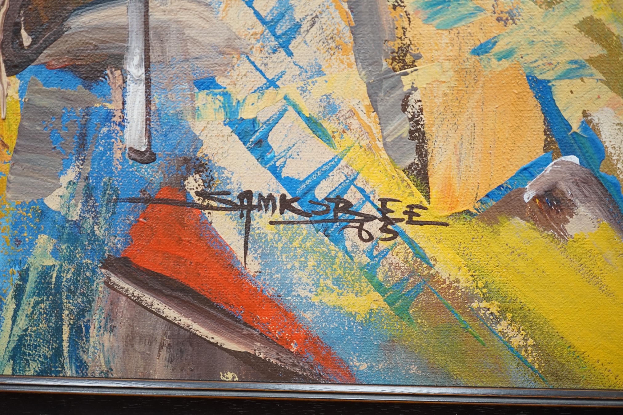 Sam Kobee (Ghanaian), acrylic on canvas, abstract oil on canvas, 'The Third Trio', signed and dated '65, 74 x 119cm. Condition - fair to good, canvas sagging slightly